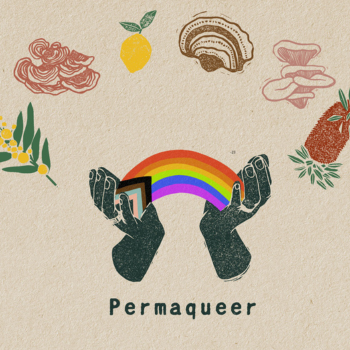 Illustration of two hands holding a rainbow with a Pride flag tip, surrounded by native plants, mushrooms, and a lemon, with the word “Permaqueer” belo